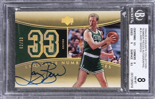 2004-05 UD "Exquisite Collection" Number Pieces Autographs #LB Larry Bird Signed Game Used Patch Card (#02/33) – BGS NM-MT 8/BGS 9 